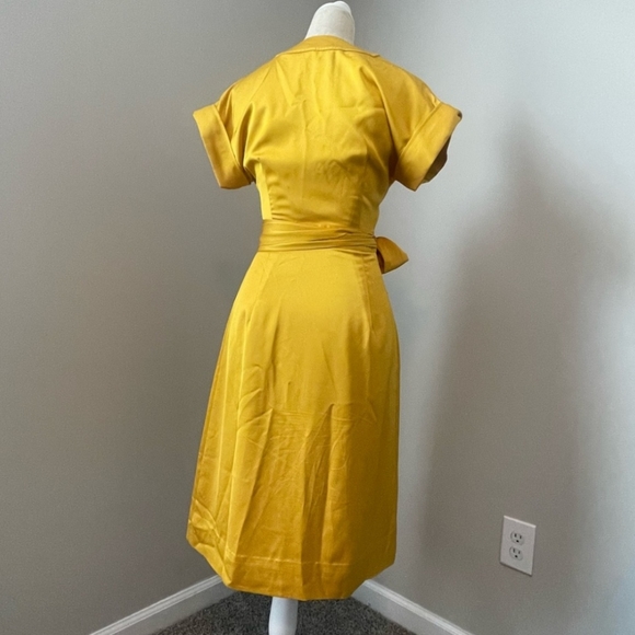 J Crew Short Sleeve Wrap Midi Dress XS Gold Yellow Satin - Picture 8 of 8